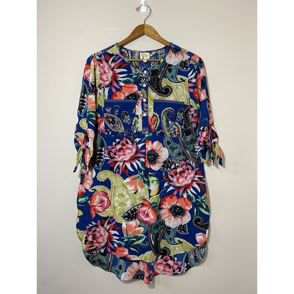 Fig and Flower MEDIUM Multicolor Floral Paisley 3/4 Sleeve W/tie Tunic‎ Dress